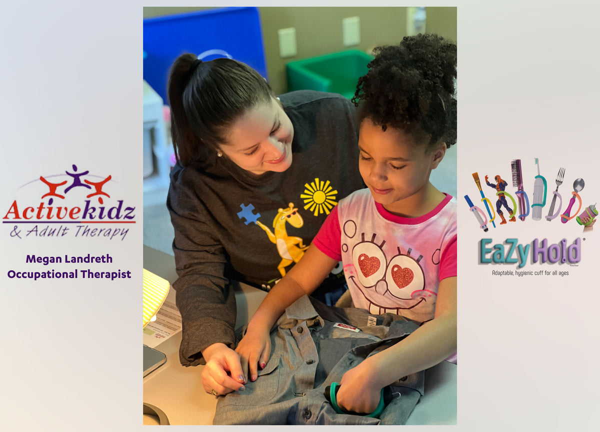 OT Megan Landreth of ActiveKidzs & Adult Therapy is training independent skills for kids with Cerebral Palsy and Pediatric Stroke