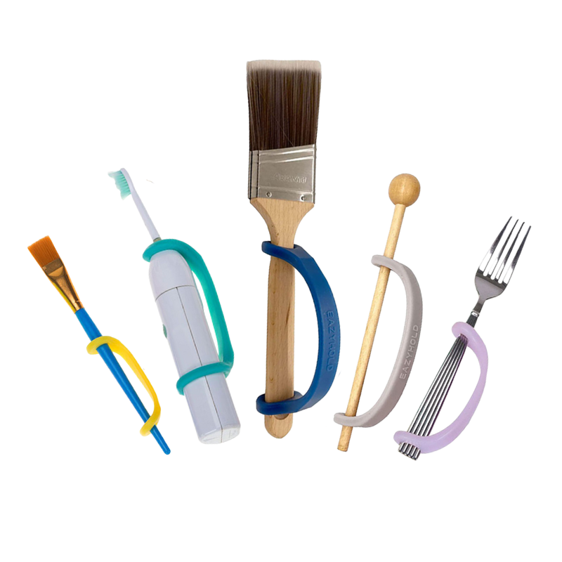 Five different sizes of silicone EasyHold straps on various items over a white background, including a paintbrush, electric toothbrush, larger paintbrush, music mallet, and fork.