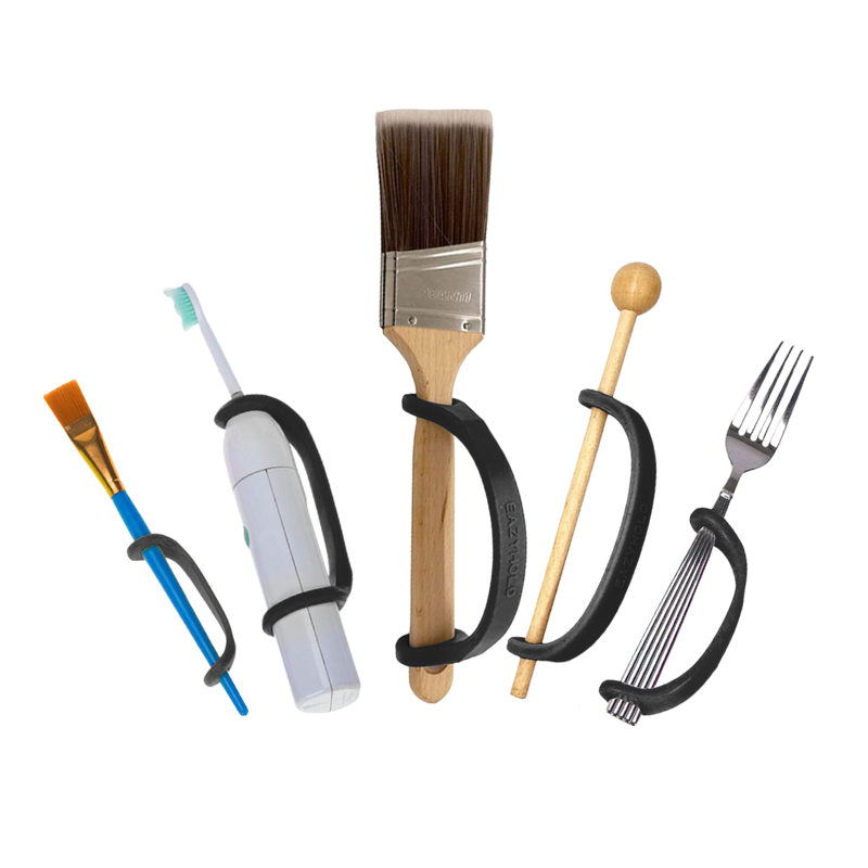 Five different sizes of black silicone EasyHold straps on various items over a white background, including a paintbrush, electric toothbrush, larger paintbrush, music mallet, and fork.