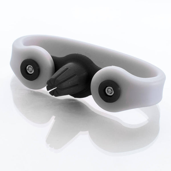 Black Strumling pick holder device with a light grey silicone EasyHold strap.