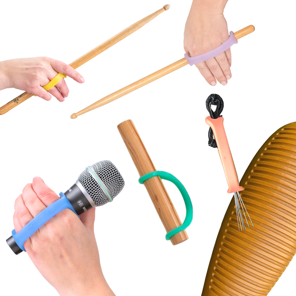 Collage of hands using various instruments with colorful EazyHolds on a white background