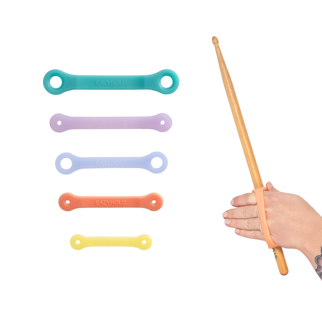 Five colorful EazyHold straps and a hand holding a drumstick with an orange EazyHold over a white background.