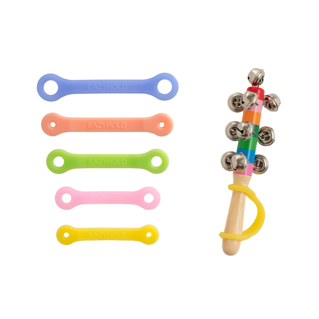 Five colorful EazyHold straps and a yellow strap on sleigh bells over a white background