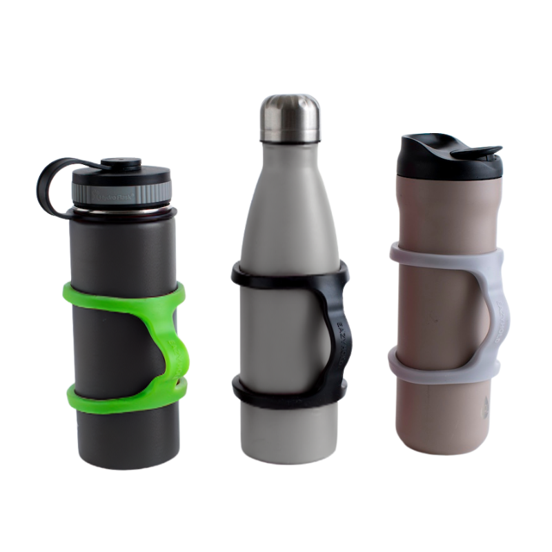 Three metal water bottles on a white background with silicone EasyHold handles in lime green, black, and light grey.