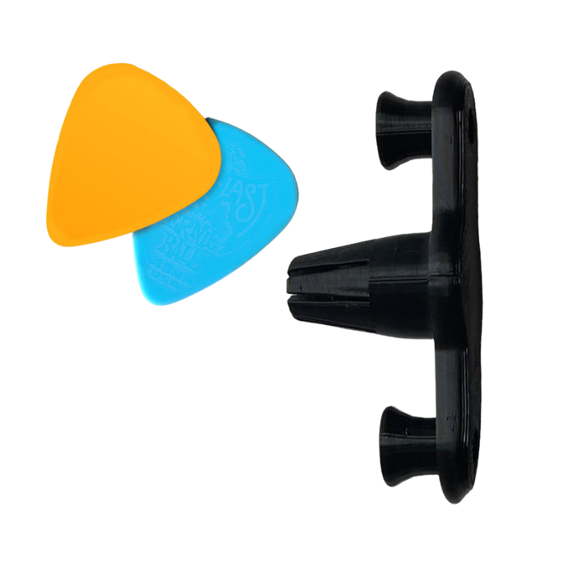 Black Strumling pick-holder device on a white background with two picks.