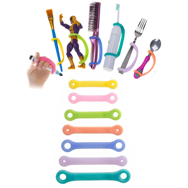 EaZyHold universal cuff set, all 7 colors — cuffs on utensils, a comb, toothbrush and art tools, with the seven straps below