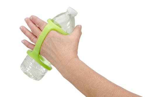 A water bottle adapted by a green eazyhold sippy cup holder for ADLs