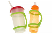 A sippy cup and a baby bottle each with a large green eazyhold on them for better grip.