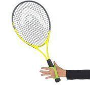 Hand holds tennis raquet with a silicone assistive device for more control.